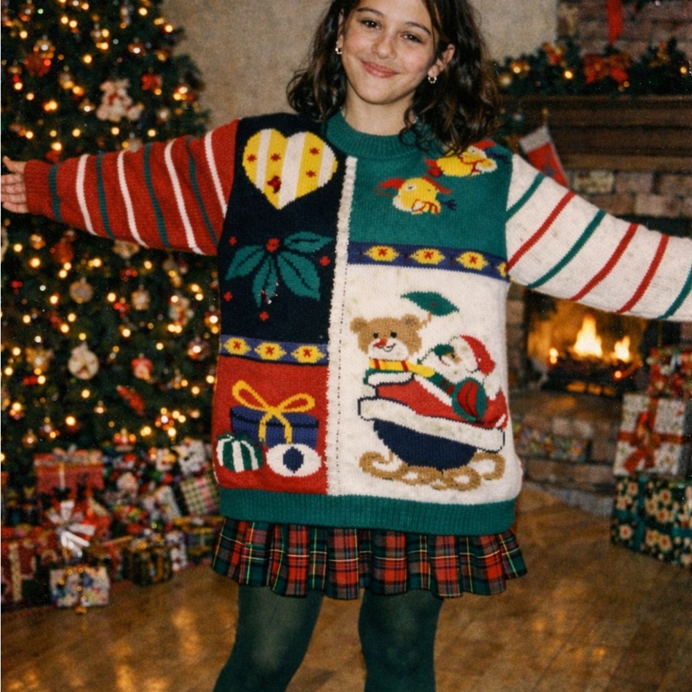 80s Christmas sweater w bear on sleigh